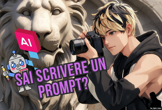 Copertina per articolo su prompt fatta con IA di Paul con fotocamera ed un leone di pietra