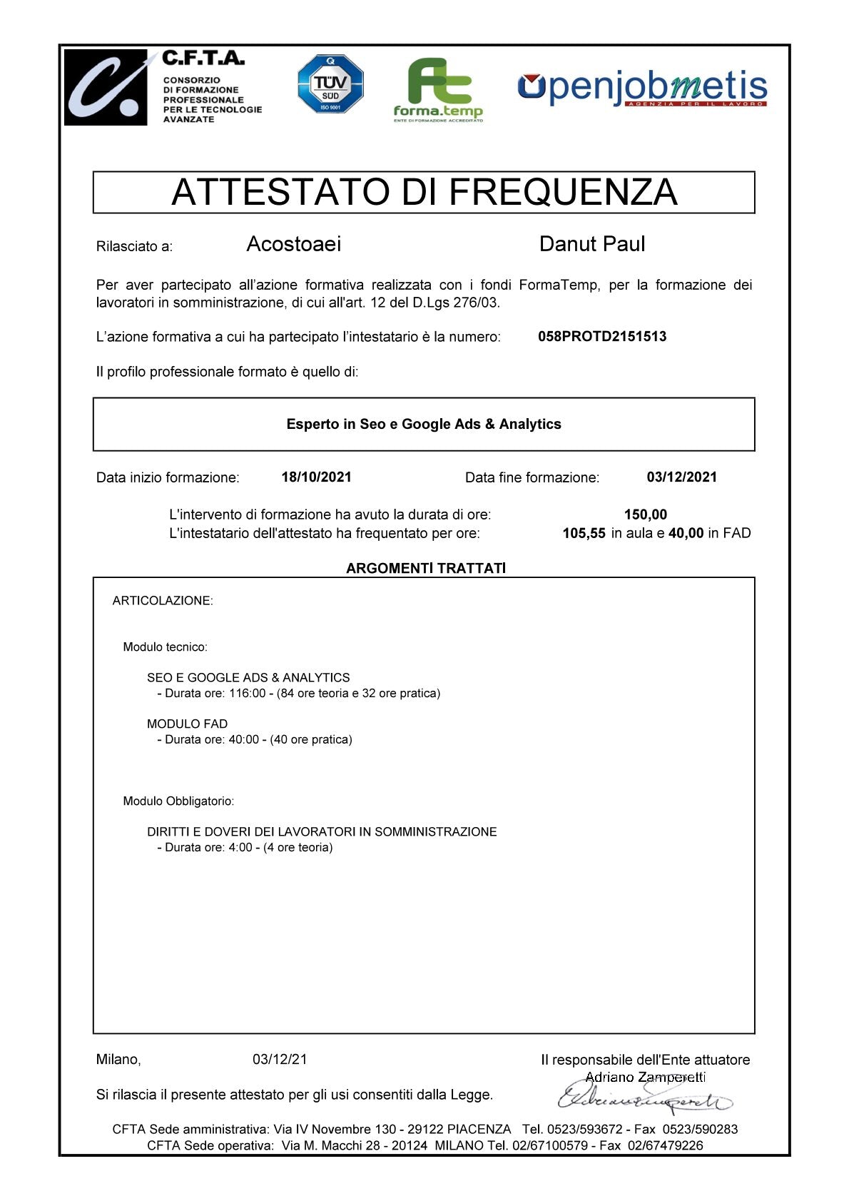 Attestato di Frequenza Esperto Seo e Google Analytics di Paul