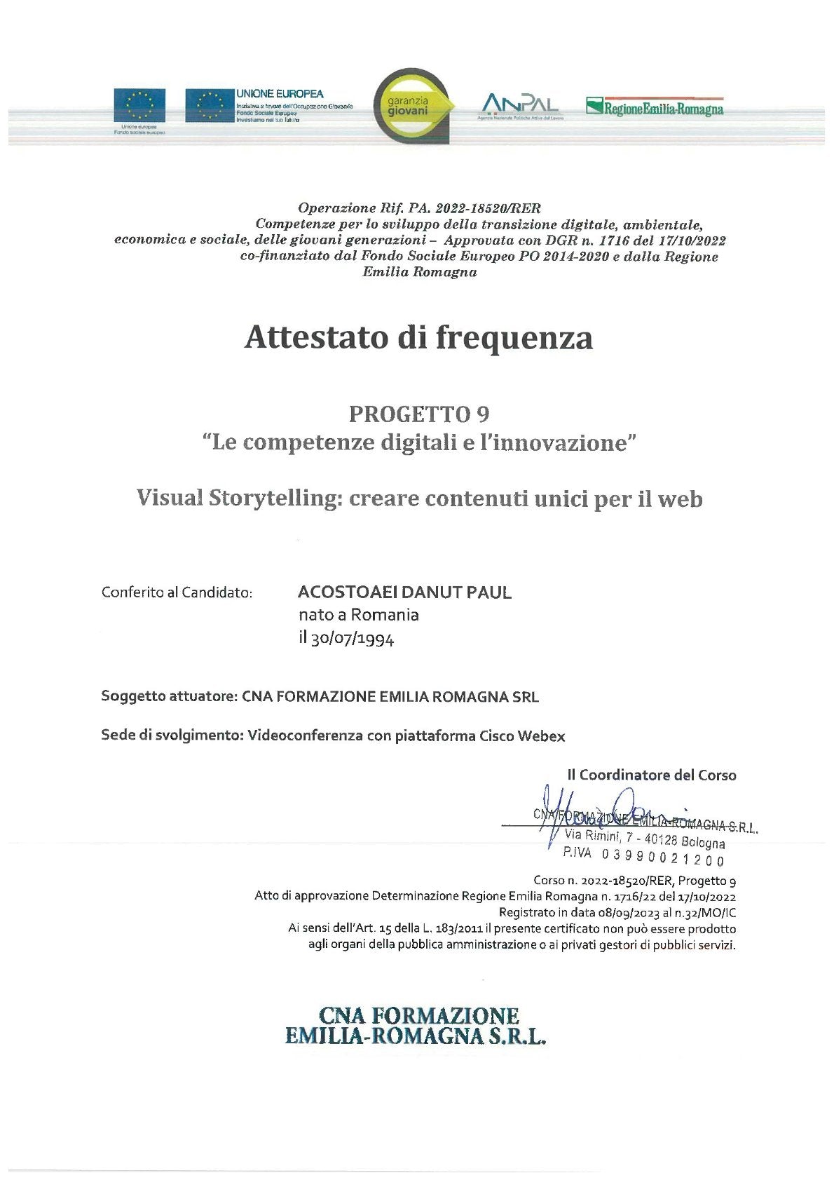 attestato di frequenza di Paul