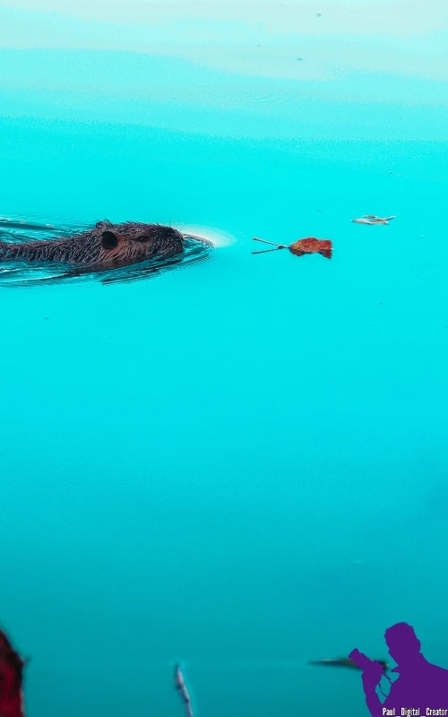 una nutria che nuota verso una foglia in un lago azzurro